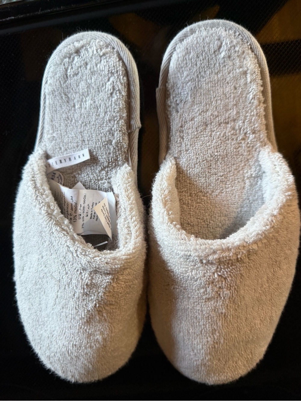 Pottery Barn Plush Cozy Slippers in Light Beige